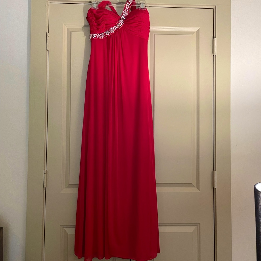 Red & Rhinestone Formal One shoulder Dress - Picture 6 of 13